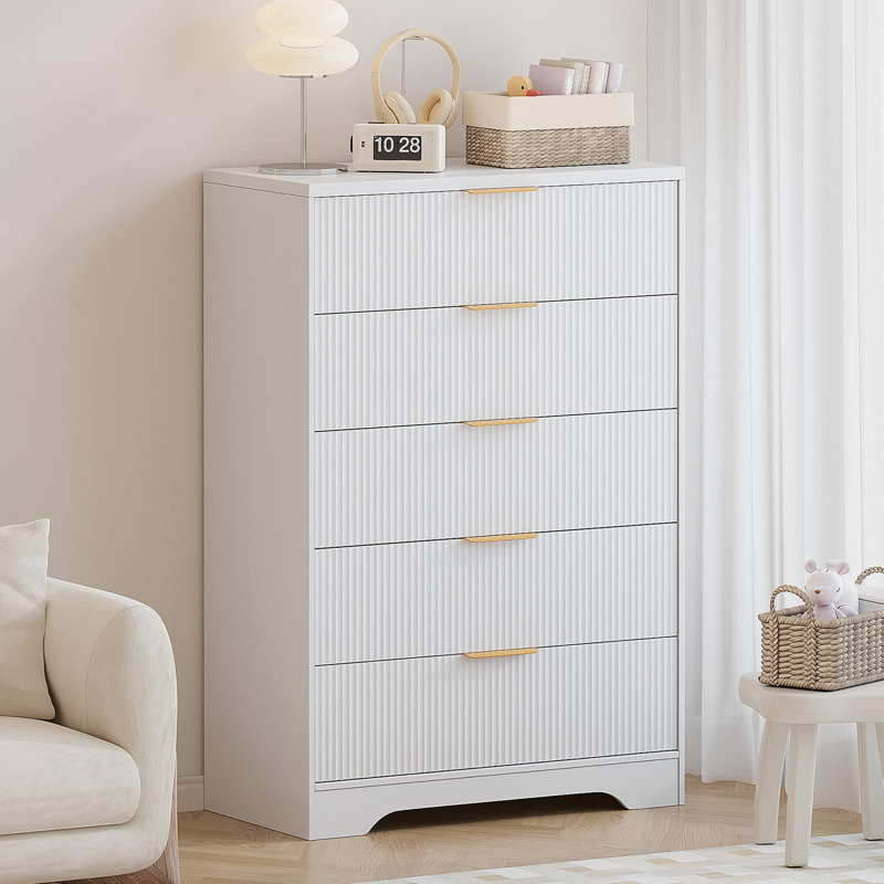 Fluted 5 Drawer Dresser for Bedroom, 47" Tall Modern Chest with Gold Handles for Living Room, White
