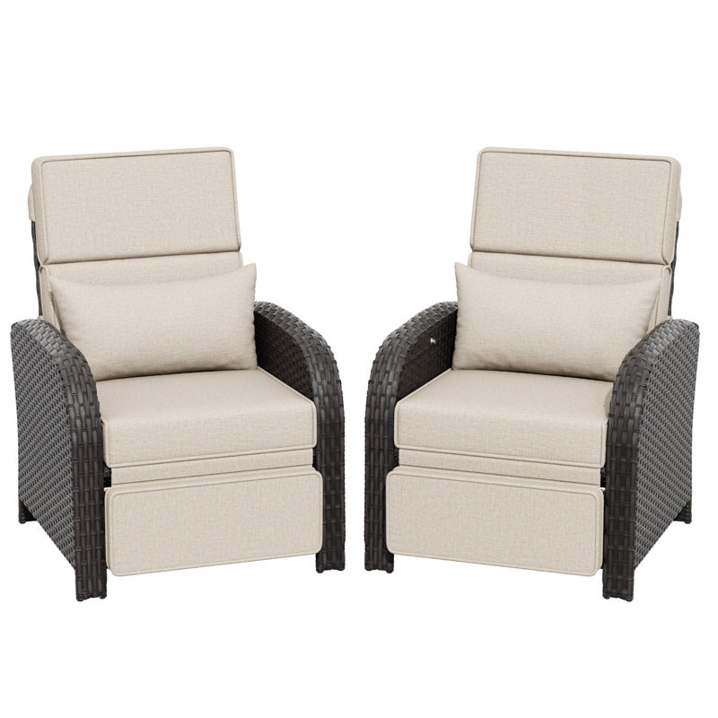 Chaises longues d'extérieur en osier 2 pièces avec coussins et oreiller, Beige