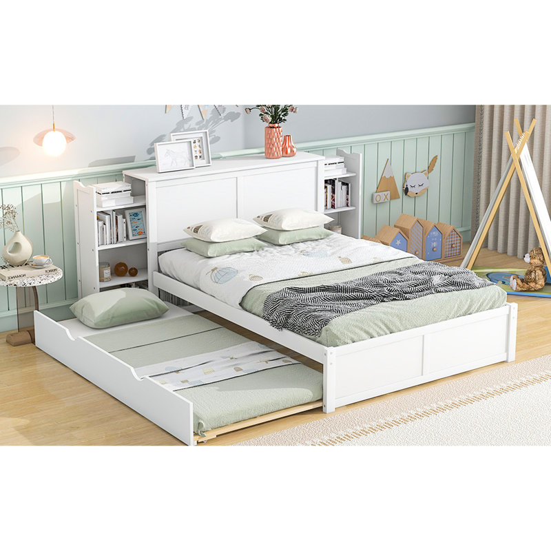 Lit de rangement double blanc avec tête de lit et lit gigogne simple - construction solide pour un sommeil réparateur