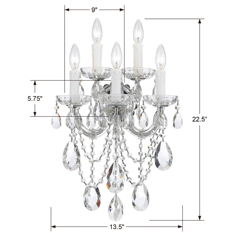 Bohemian 5 Light Crystal Candle Wall Sconce, Chrome, Majestic Wood Polished