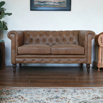 Solid Wood Buffalo Leather Chesterfield, Dark Brown