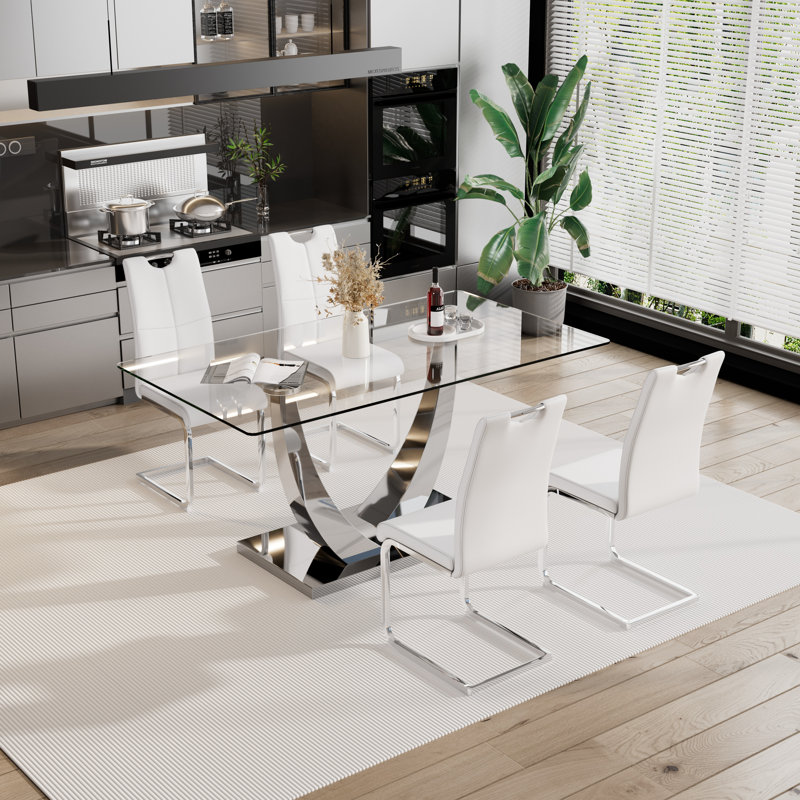 Ensemble de salle à manger 5 pièces, Argent, Blanc / argent