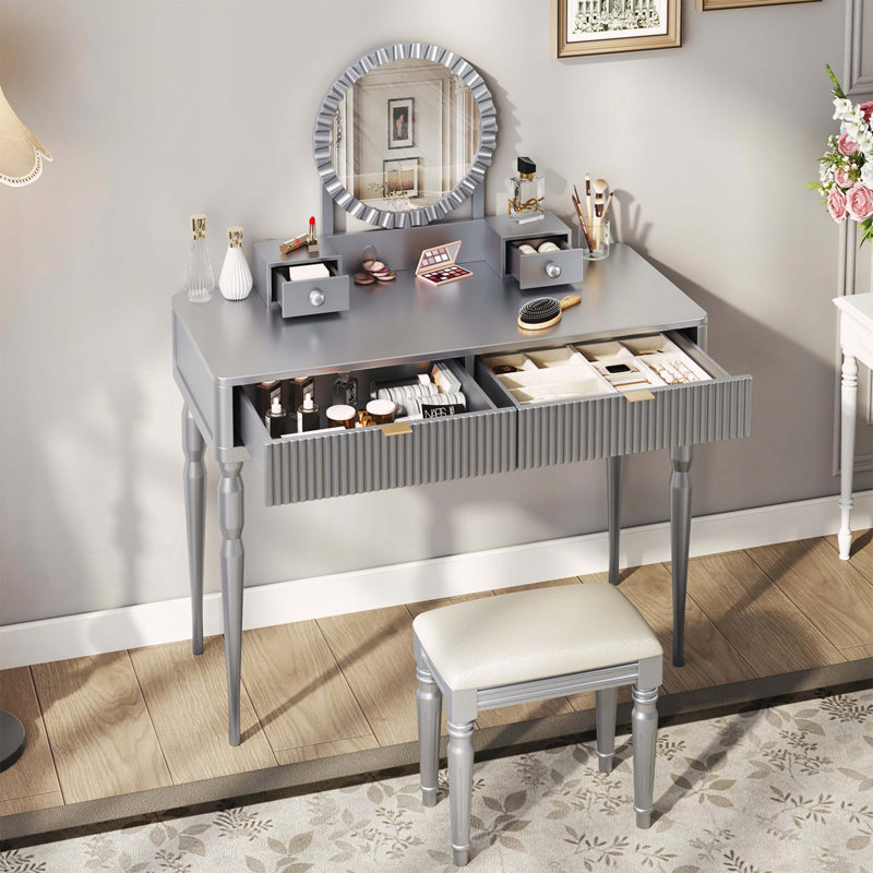 Bureau de coiffeuse de luxe avec miroir rond réglable en hauteur