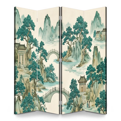 4 panneaux de paravent pliant paravent Royal Traditional Chinese Mountains Arbres Pavillon Bridge