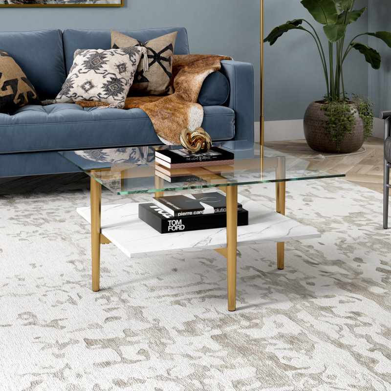 Table basse à 4 pieds avec rangement Otto, Laiton, Marbre blanc / transparent, Marbre