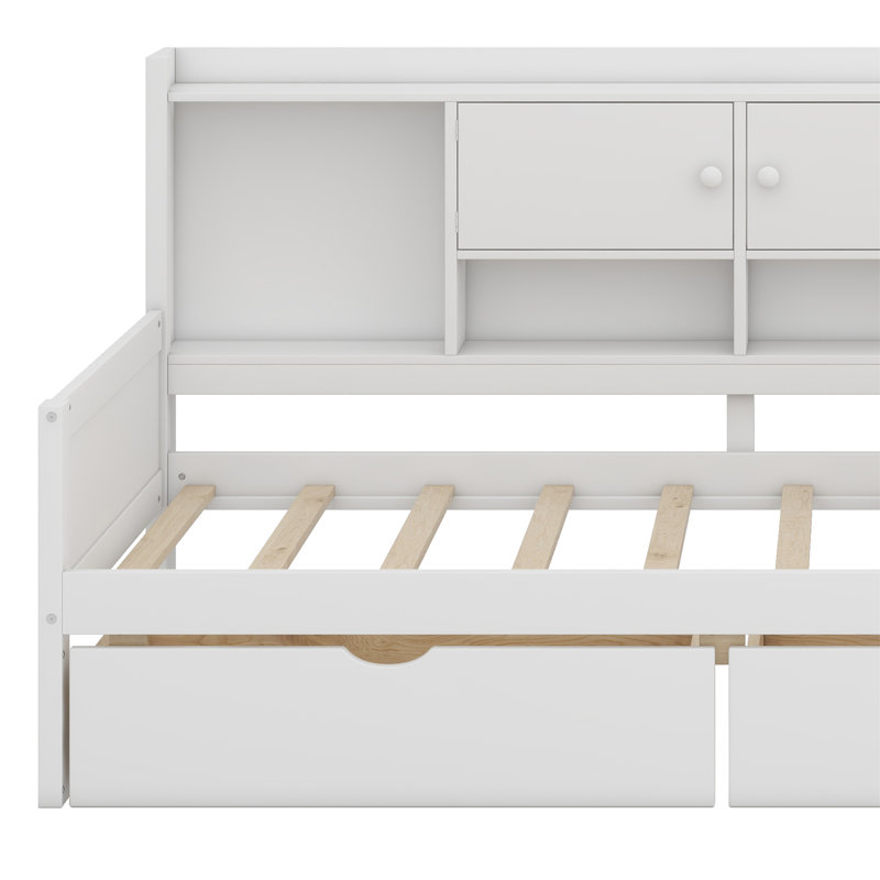 Wooden L-Shape Daybed With Storage Cabinets And Two Storage Drawers, Multi-Functional Bed With Study Desk And Built-In Bookshelf