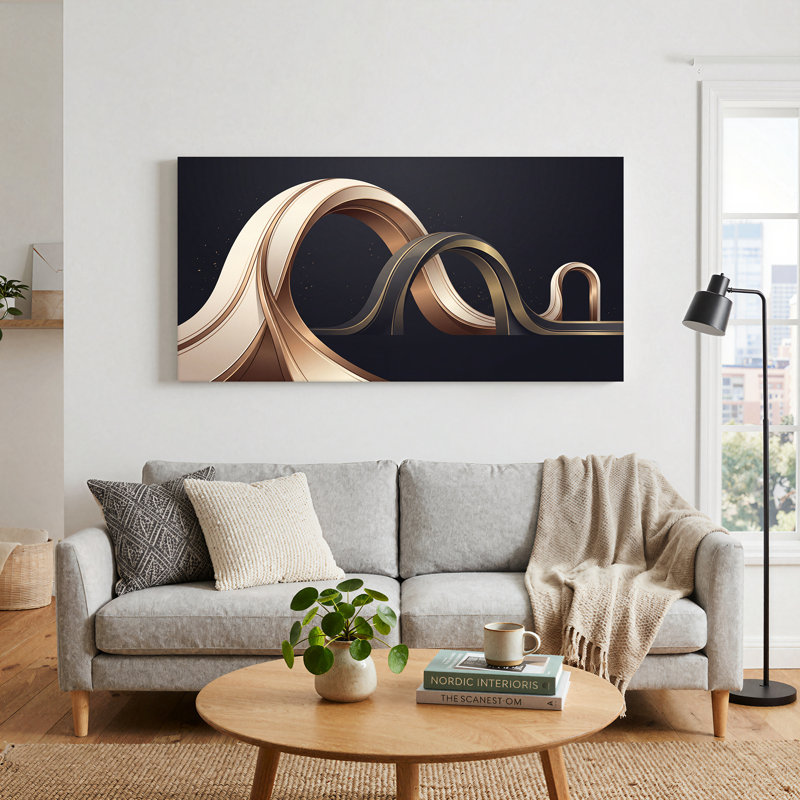 Art mural abstrait à rubans métalliques sur toile dorée et bronze, L 58 po x H 28 po