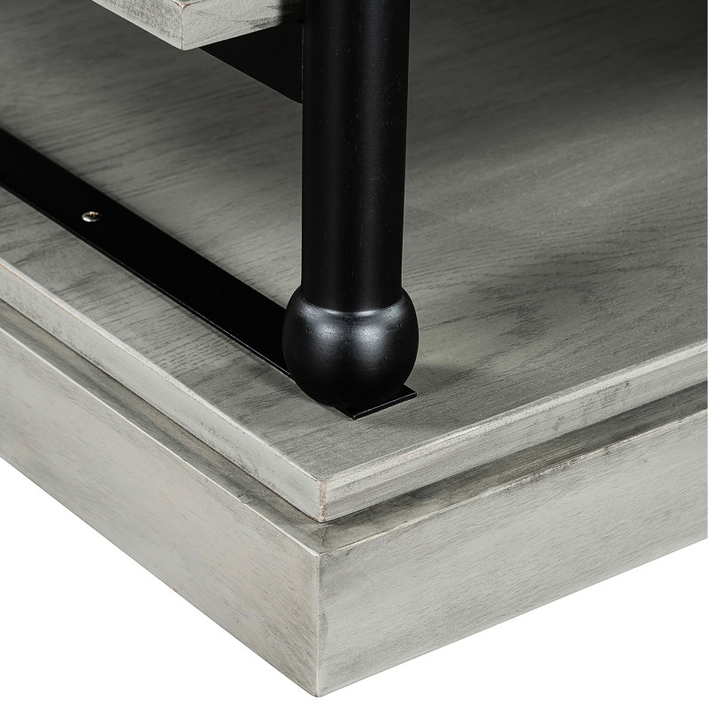 Table basse moderne en bois gris de 55,1 po avec pieds noirs et 2 tablettes ouvertes pour le rangement décoratif du salon, fabriquée en bois d'hévéa massif, placage de chêne