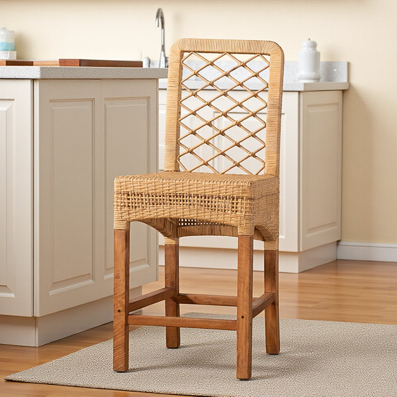 Glasten Counter Stool, Brown Rattan, Brown Wood, Natural/Walnut Brown 40.13'' H X 17.08'' W X 20.36'' D