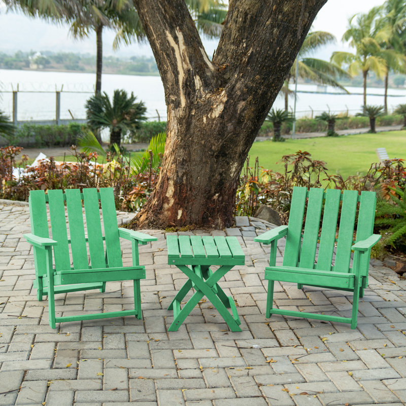 Shoreline Fully Assembled All-Weather Outdoor Folding Modern Adirondack Chair and Table Set, Green