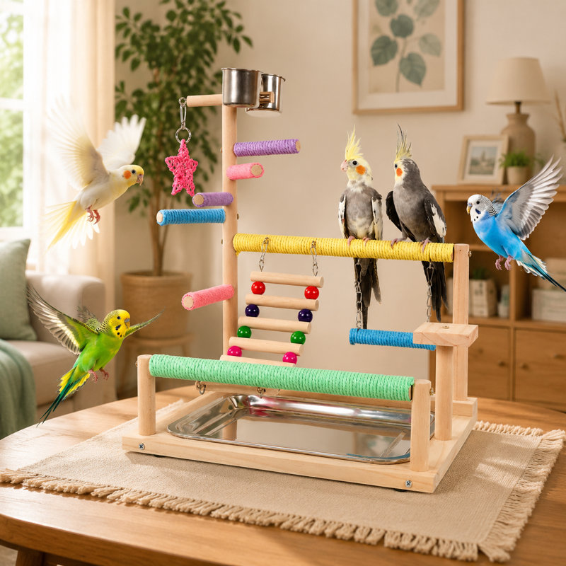 Support pour perroquet en bois enveloppé de sisal, perchoir multi-niveaux pour dressage d'oiseaux avec échelle d'escalade, jouet à mâcher pivotant et suspendu, aire de jeu pour oiseaux avec tasses pour petits perroquets moyens