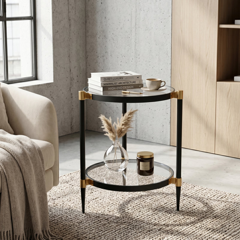 Table de bout ronde 21 po à 2 niveaux en verre trempé, table d'appoint Mid-Century moderne noir mat et or satiné