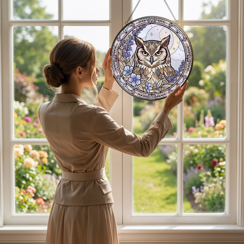 Panneau de vitrail de hibou floral ， H 12 po, H 12 po