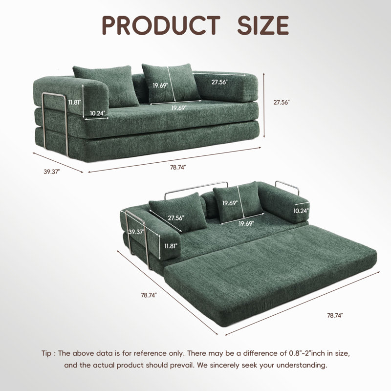 Convertible Folding Sofa Bed, 79" Queen Chenille Boneless Couch with Removable Armrests, No Assembly 2 Seater Sofa, Double Futon Couch for Living Room & Bedroom