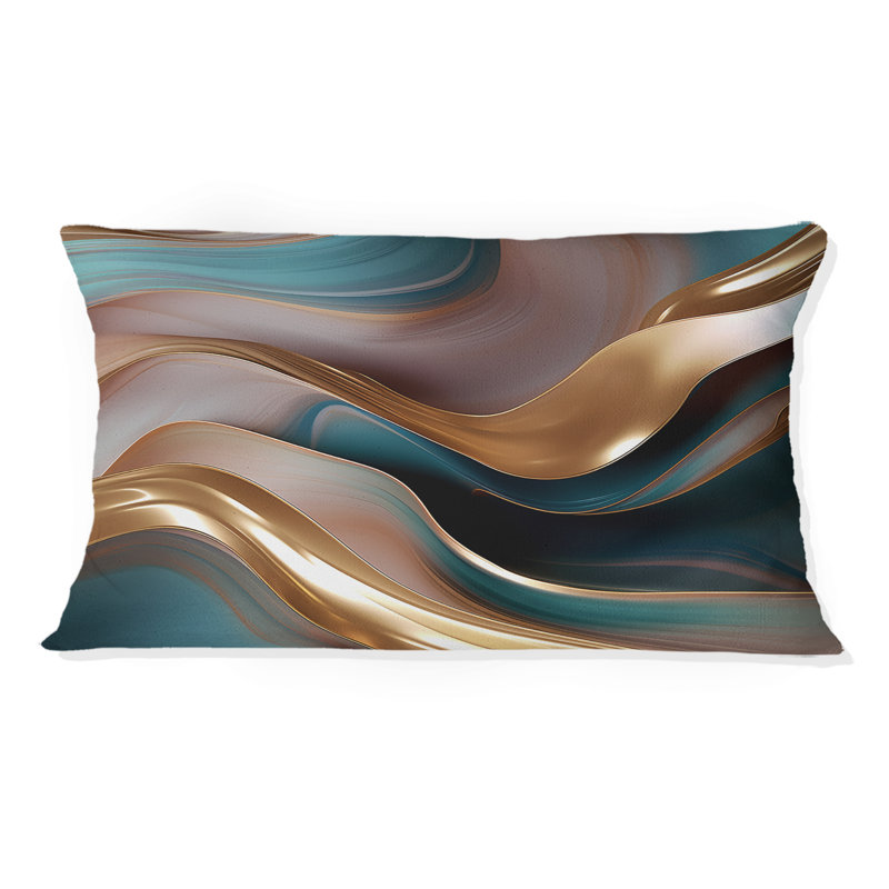 Tender Wave Harmony Liquid Gold And Turquoise - Abstract Shapes Printed Throw Pillow