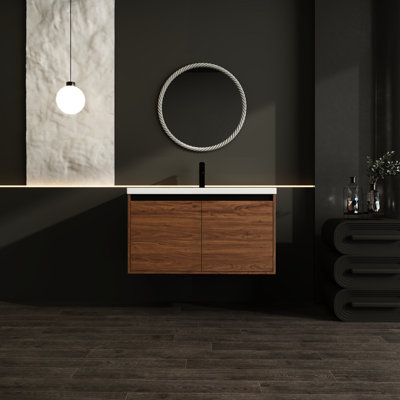 Armoire de salle de bain 36 po, brun avec lavabo en résine - bois d'ingénierie, corrosion et ternissement polyvalent pour différentes pièces, comptoir de meuble-lavabo à 2 portes, assure une résistance durable
