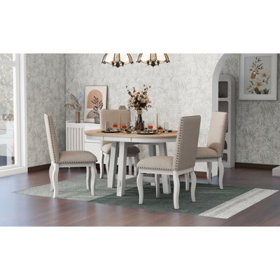 TREXM 5-Piece Farmhouse Dining Table Set Wood Round Extendable Dining Table and 4 Upholstered Dining Chairs (Oak Natural Wood + Antique White)