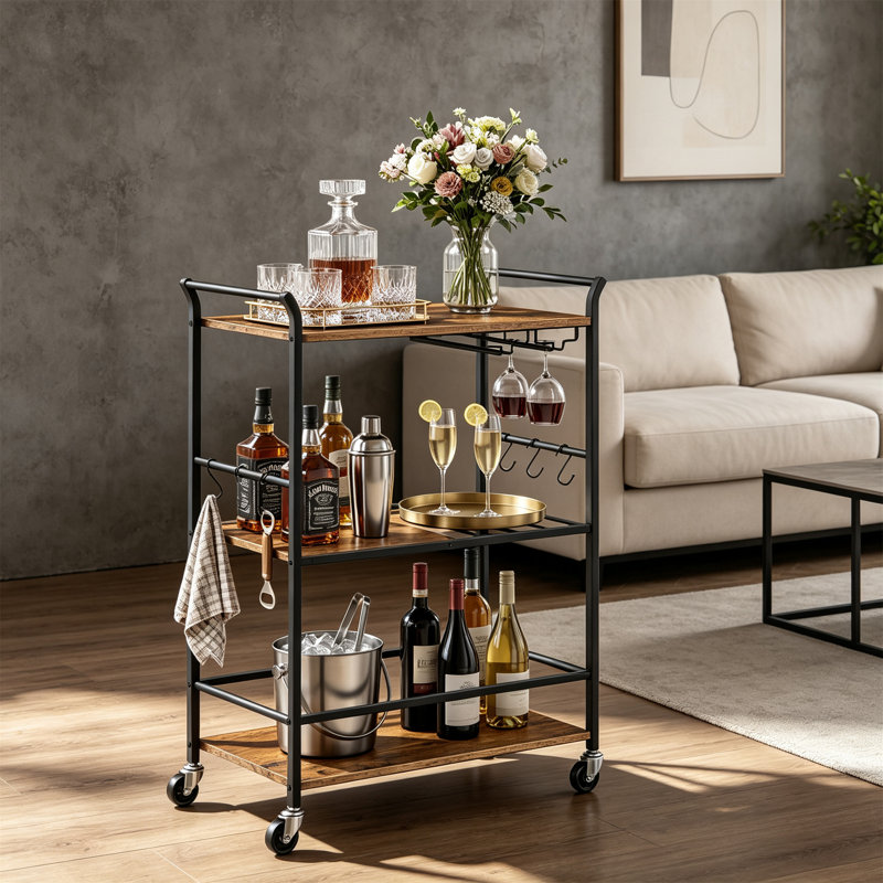 Drinks Trolley, Bar Cart, 3-Tier on Wheels