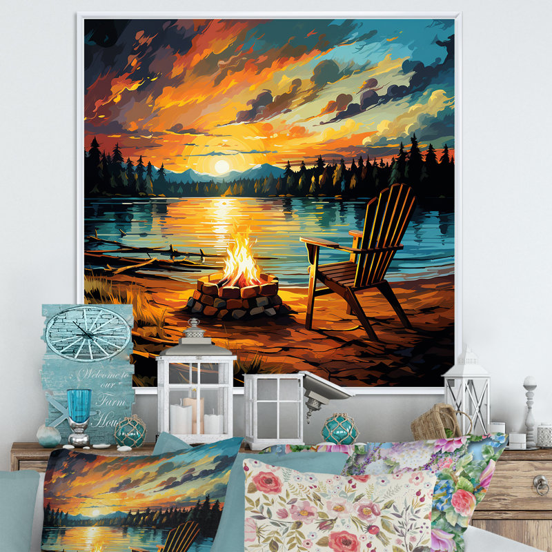 Coucher de soleil sur le feu de camp par The Late - Art mural de chambre de bébé, Cadre flottant blanc, 16" H x 16" W