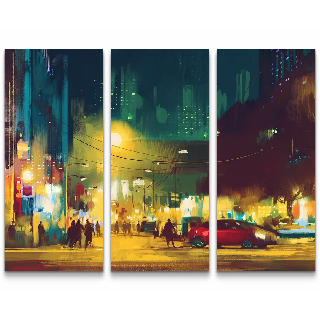 3-tlg. Leinwandbilder-Set Stadt bei Nacht - Illustration