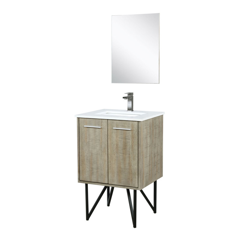 Ensemble de meuble-lavabo rustique en acacia l 24 po x P 20 po, plateau en quartz blanc, robinet en métal et miroir 18 po
