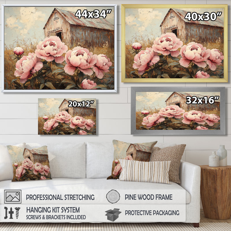 Pivoines Dorline par The Farm Fence II - pivoines, art mural, H 16 po x l 32 po, Reproduction encadrée d'une seule photo