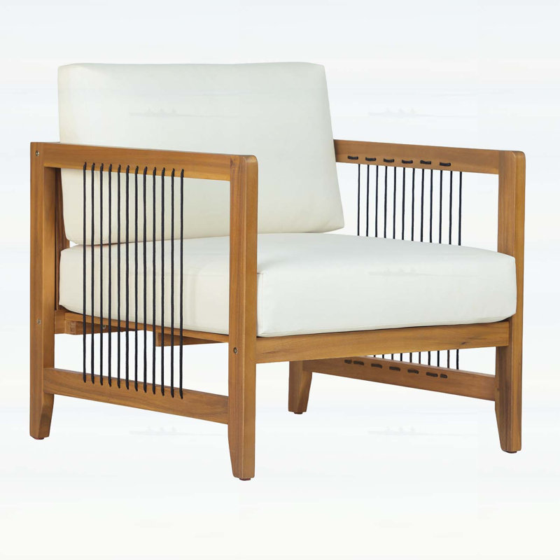 Chaise de patio en bois d'acacia avec coussin beige, corde moderne pour des sièges élégants et confortables dans la cour, le jardin ou le balcon