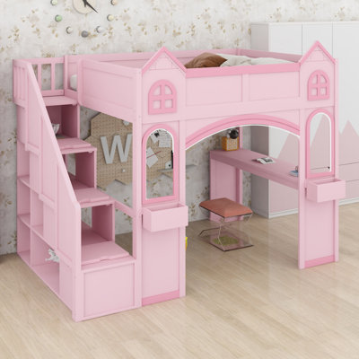 Wood Castle Loft Bed with Storage Staircase, Desk, Windows, Shelves and LED Light