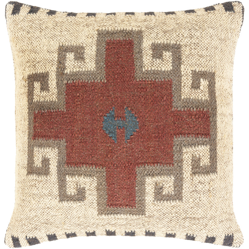 20" Square Beige and Teal Wool Jute Cotton Christmas Pillow