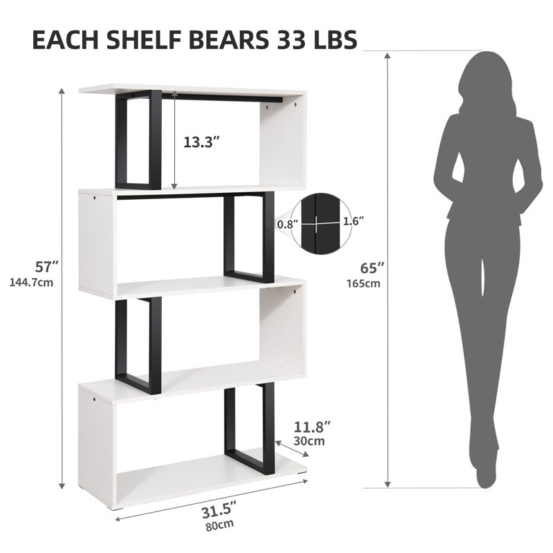 Chaneyra 5-Tier Corner Shelf Unit，80 x 143 cm  S-Shaped Small Bookcase, White/Black