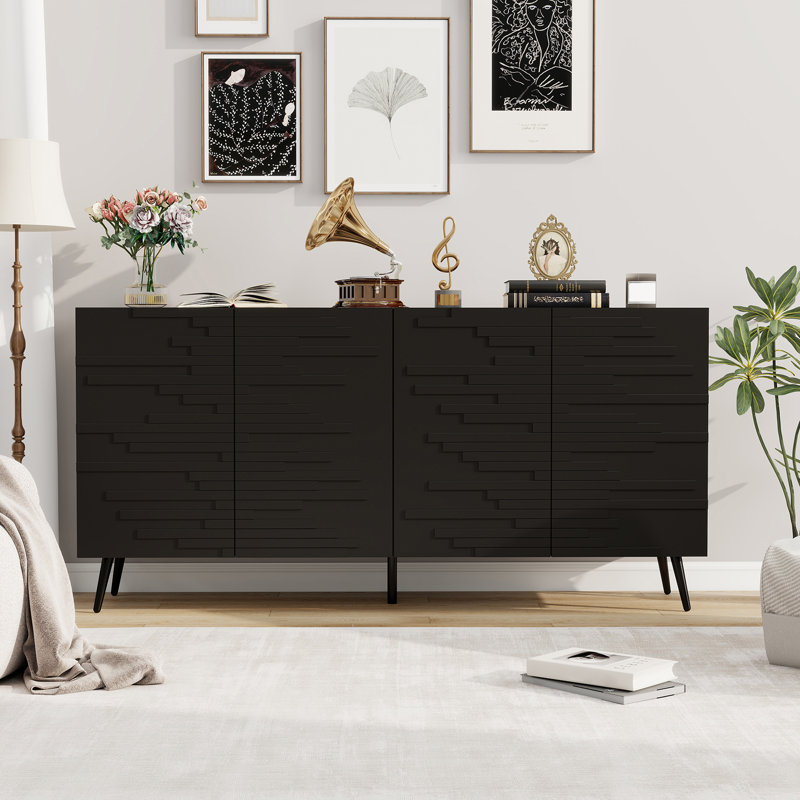 Buffet de 63 po de largeur avec portes cannelées, tablettes réglables, Noir