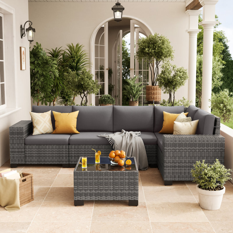 5 - Person Wicker Outdoor Modular Sectional Seating Group with Cushions, Dark Grey Cushion/Grey Frame, 6 Pcs: Table, 5 Chairs