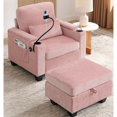 Single Sofa Recliner With Manually Adjustable Backrest, Usb Charging Port On The Armrest Side, Phone Stand Included, Hidden Armrest Storage, And A Matching Storage Ottoman