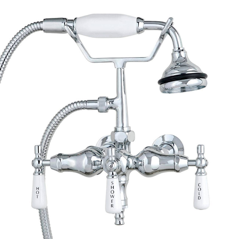 3 Handle Wall Clawfoot Tub Faucet with Diverter, Chrome