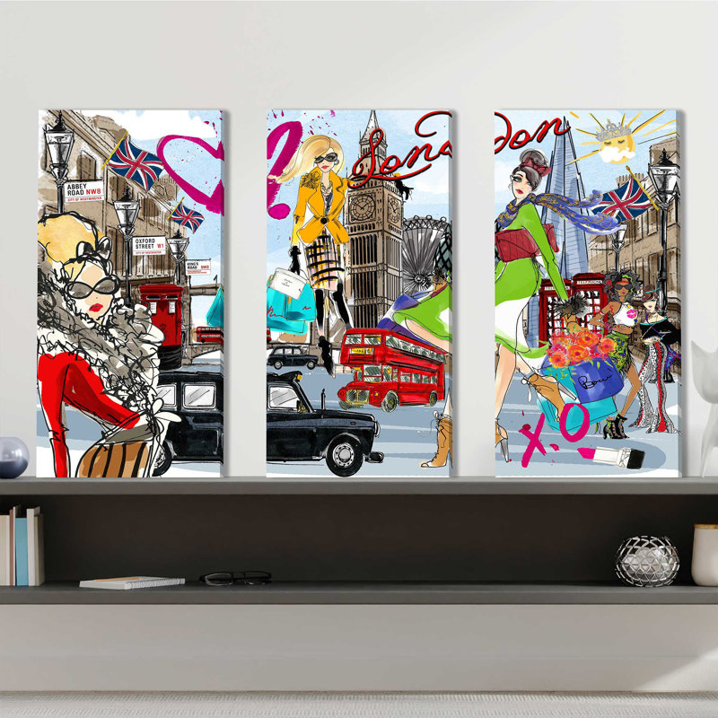 «Take Me to London» par Jodi, ensemble de 3 reproductions d'art sur toiles tendues, H 24 po x l 36 po x P 0,75 po