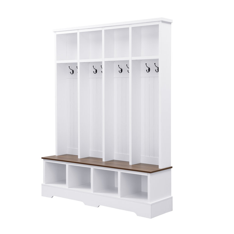 Farmhouse 59"W 3-In-1 Hall Tree - 8 Hooks & Open Compartments For Entryway/Mudroom, White