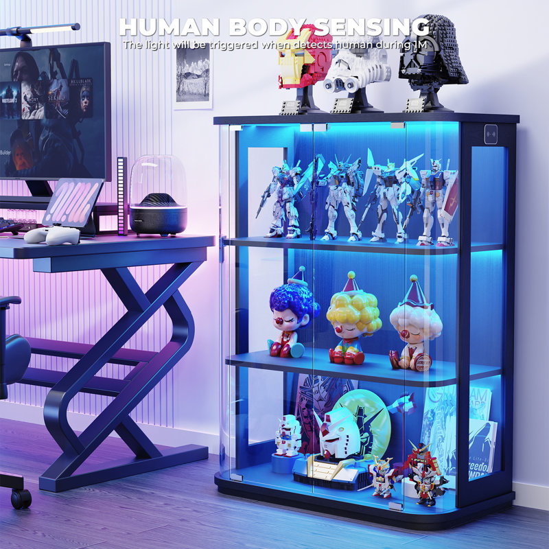 Rounded Display Cabinet With Glass Door, 3-tier Curio Cabinet With 3 Color Lights For Collectibles, Glass Display Case With Transparent Full-display Surface, Human Body Sensor, Black