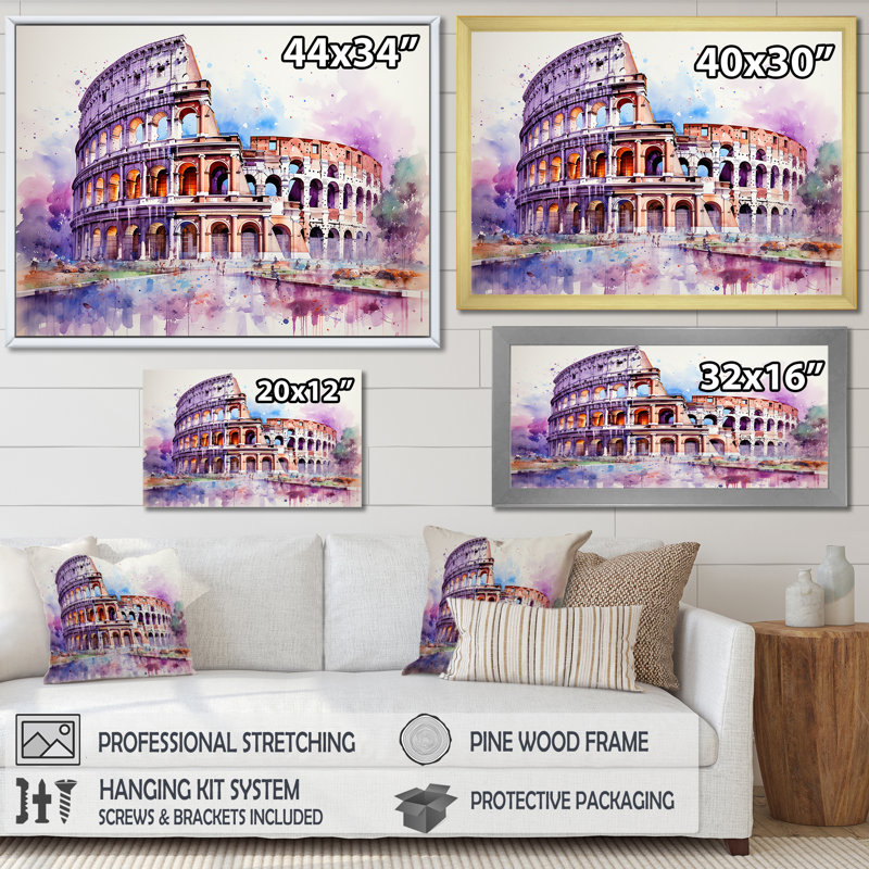 Italie, Colisée romain 2 - Italie, art mural, H 24 po x l 32 po x P 1 po, Cadre de coin blanc fermé