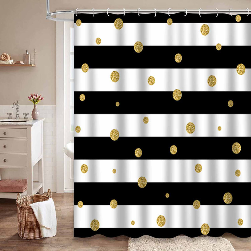 Rideau de douche rayé blanc et noir avec 12 crochets, L 72 po x l 78 po