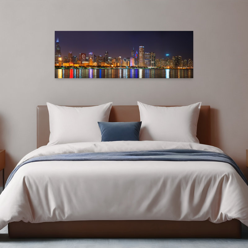 Chicago Skyline With Cubs World Series Lights Night Lake Michigan Chicago Cook County Illinois USA by Robert Rydin - Wrapped Canvas Panoramic Print