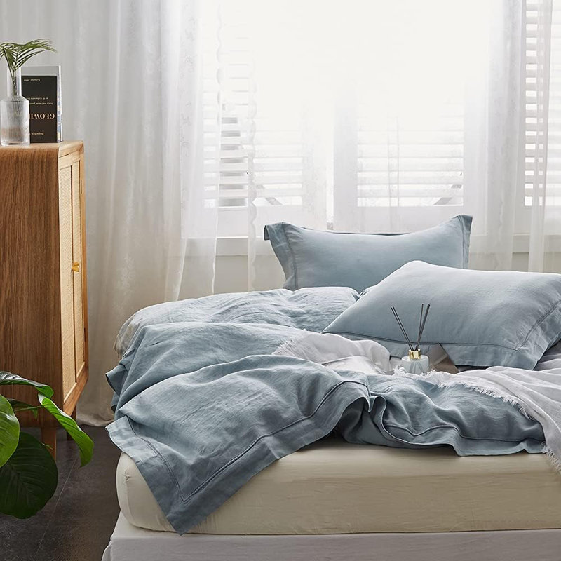 100% Linen Duvet Cover Set, King Duvet Cover + 2 Shams, Dusty Blue
