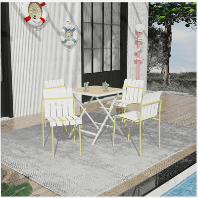 Holiday - Paquet de 4 chaises à blocs de couleur à rayures modernes - Siège en PP imperméable et pieds en métal robustes, ensemble repas intérieur / extérieur pour patio, balcon, café (blanc et jaune)