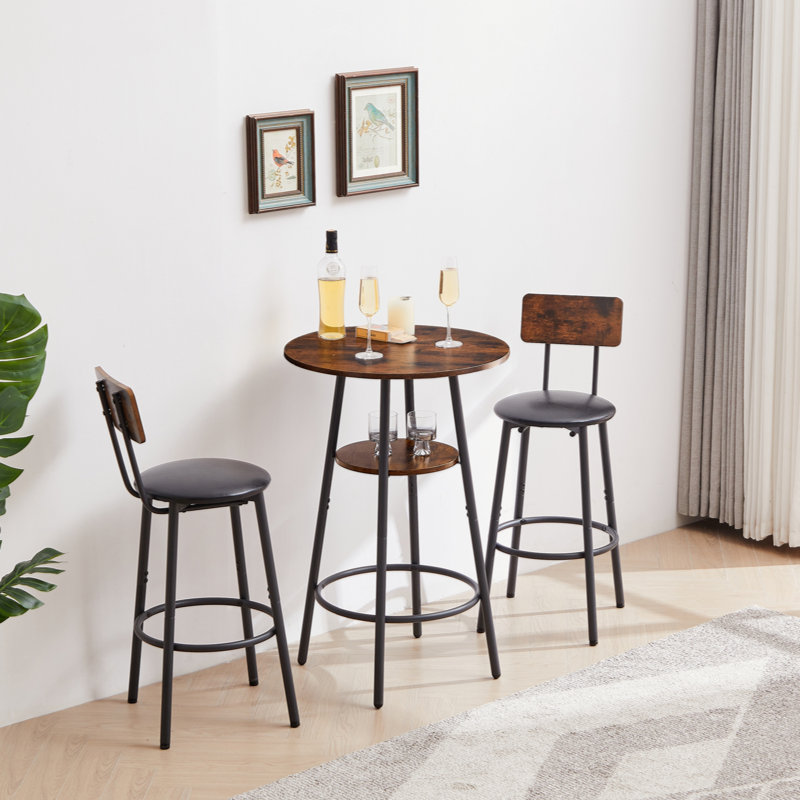 Round bar stool set with shelf, upholstered stool with backrest, Black, Brown