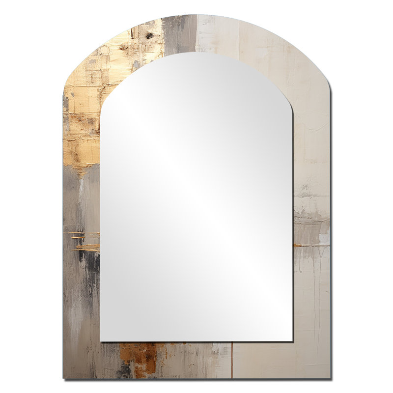 Or et beige Soft Fusion I - grand miroir asymétrique Pier, miroir mural décoratif en arche beige, impression d'art en métal