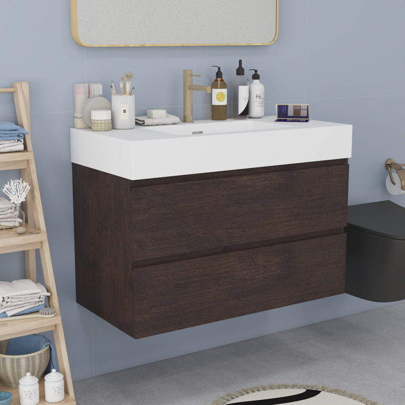 Meuble-lavabo moderne avec lavabo, Noyer, Blanc