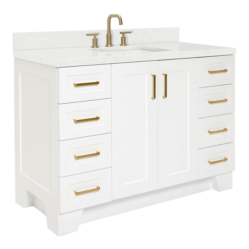 Freitas 48'' Solid Wood Single Bathroom Vanity, Carrara Quartz, White, Rectangle