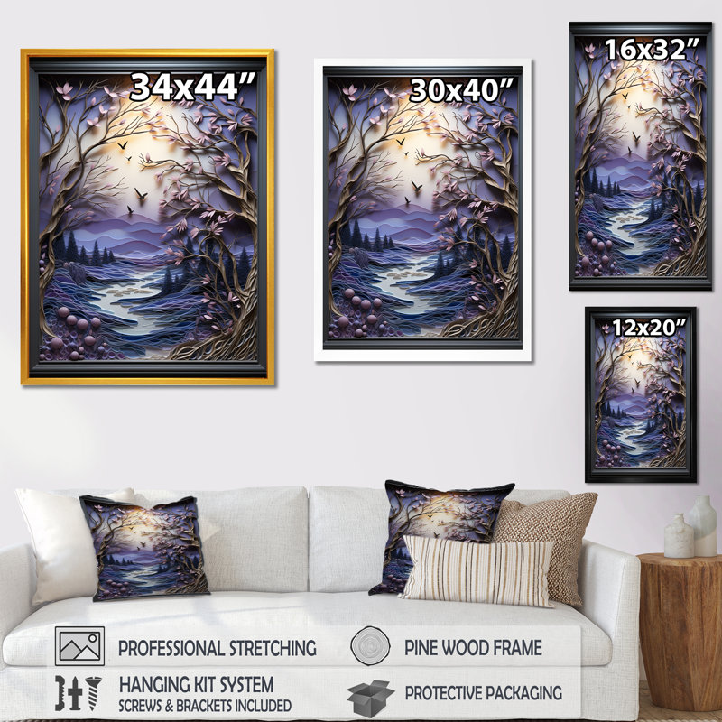 «Mauve Winter River Landscape Collage I», art mural paysage d'hiver, H 20 po x l 12 po x P 1 po, Cadre simple noir