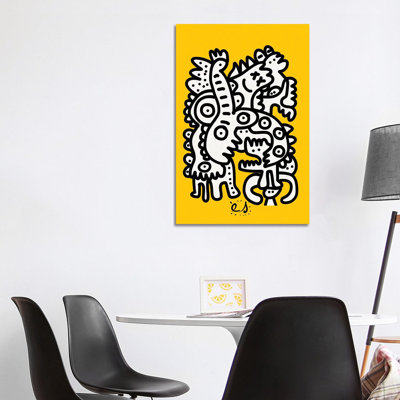 Black And White Graffiti Creatures On Yellow by Emmanuel Signorino - No Frame Print on Plastic / Acrylic