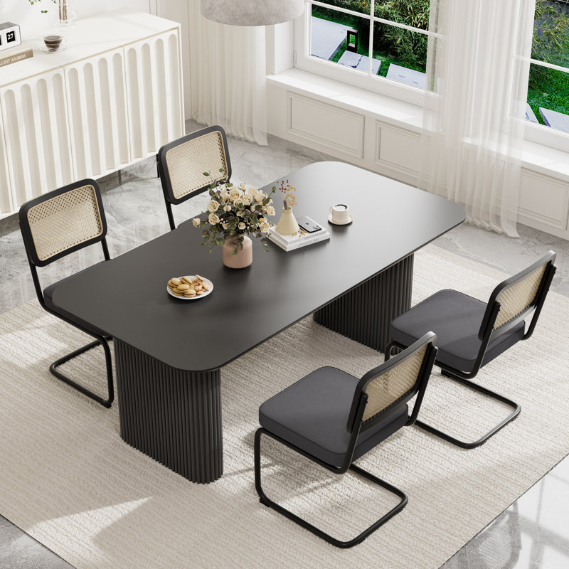 Rectangular Double Pedestal Dining Table Set, 5, Black, Black
