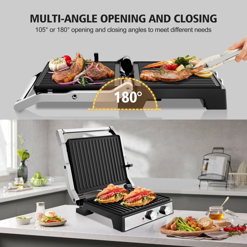 Panini Press Grill - 1600W High Power, 4-Slice Sandwich Maker with Adjustable Temp, Timer & Height, Non-Stick Plates, 180° Wide Opening, Indoor Use